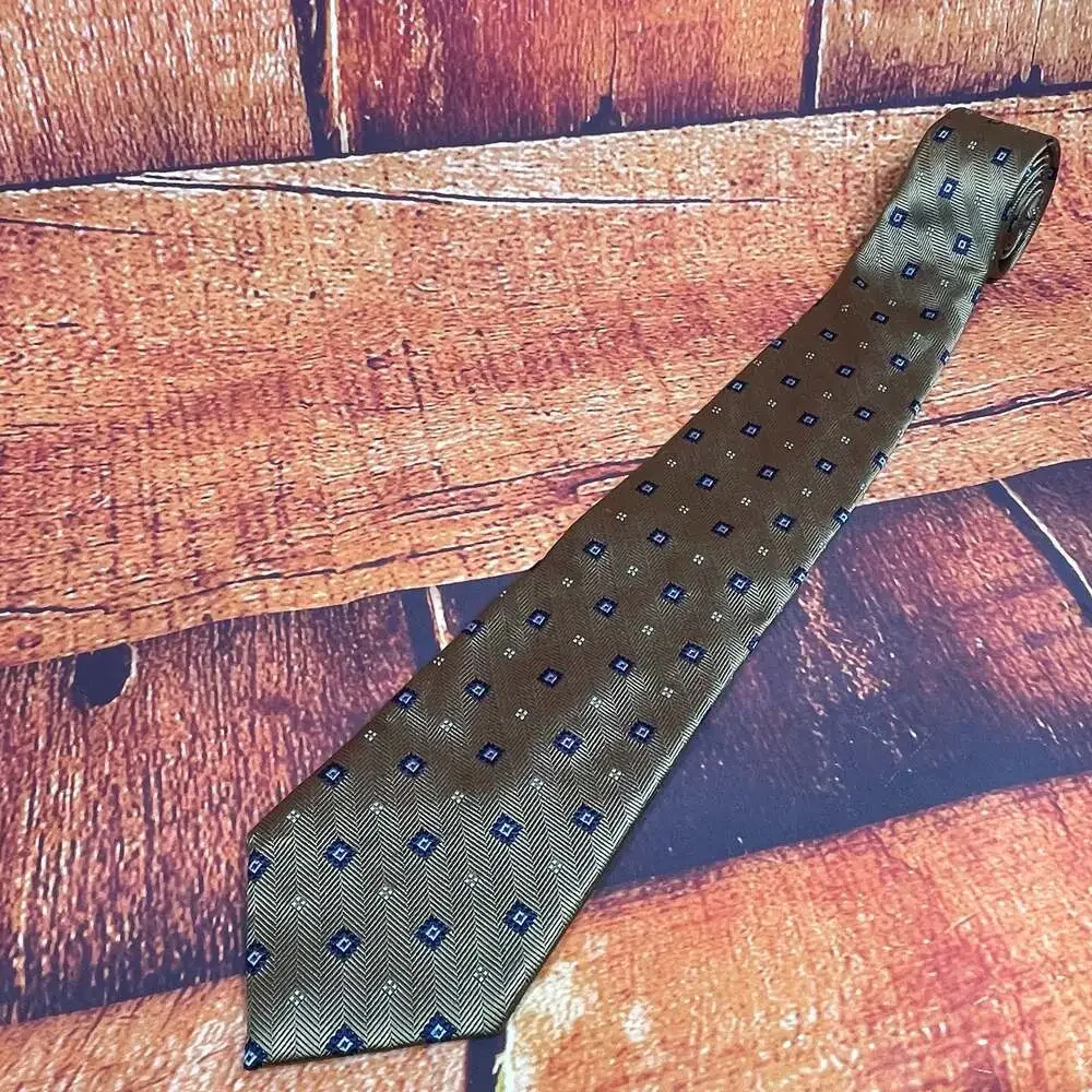 Chaps Silk Necktie Gold Brown Blue Geometric Diamond Chevron Pattern